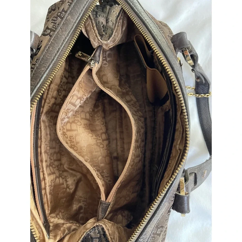 Bonia Monogram Canvas Satchel Bag Brown Leather Trim Gold Hardware Studded